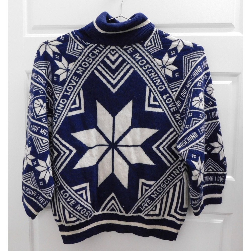 Love Moschino Blue White Ski Snowflake Turtleneck Sweater sz 4